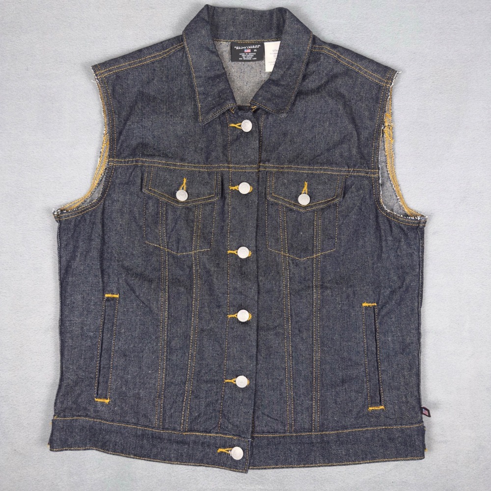 Y2K Polo‎ Jeans Co Ralph Lauren Rhinestone Flag Denim Vest Dark Wash XL